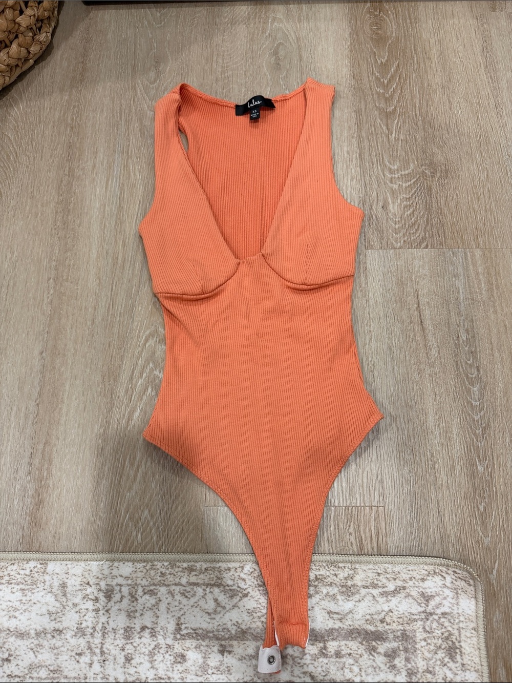 Lulu's Orange Ribbed V-Neck Bodysuit